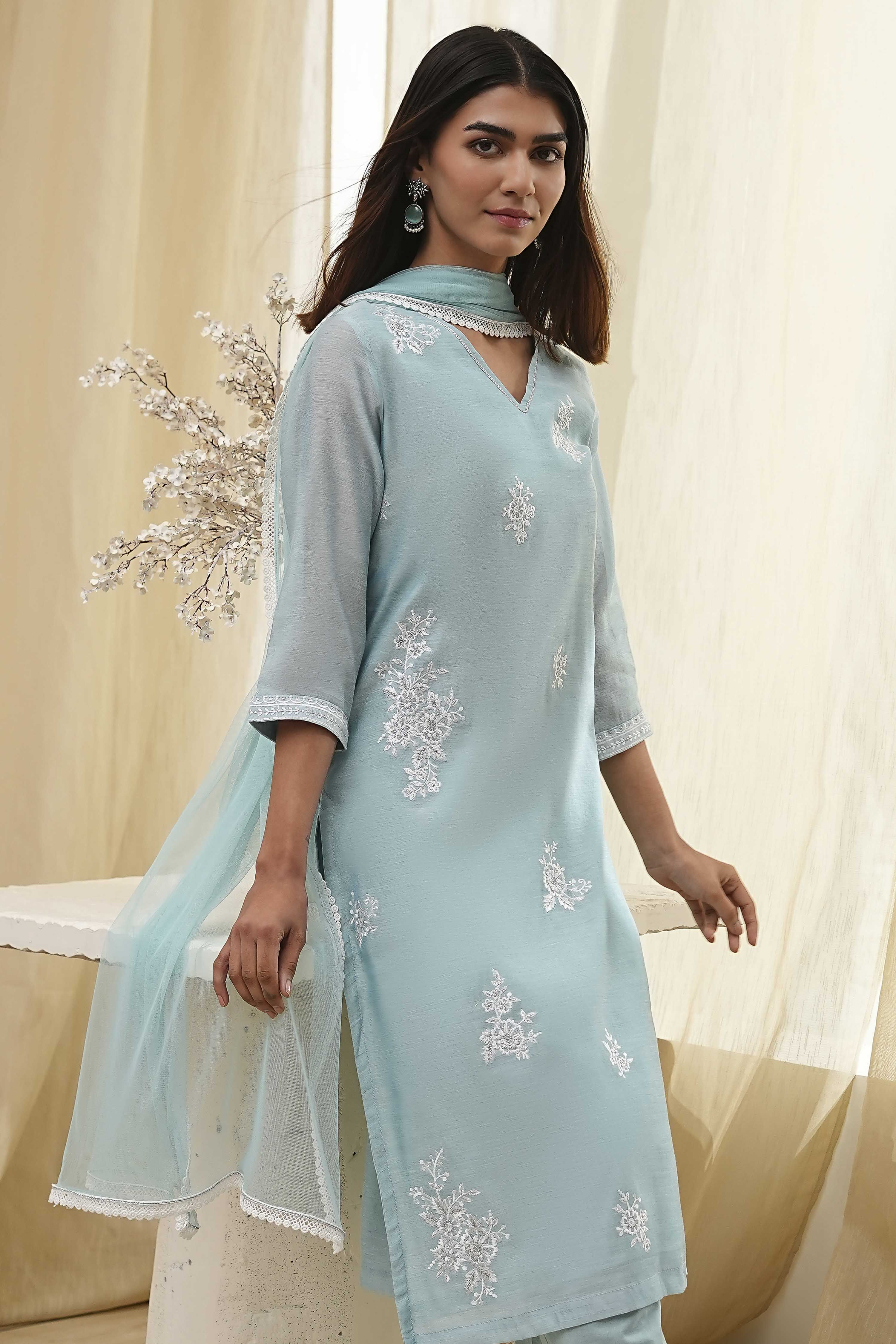 Aqua Embroidered Straight Suit Set image number 7