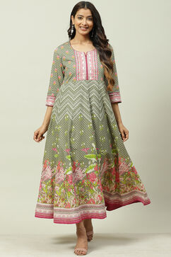 Olive Green Cotton Flared Printed Dress image number 0