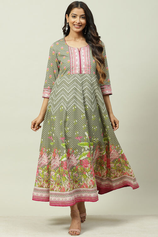 Olive Green Cotton Flared Printed Dress image number 0