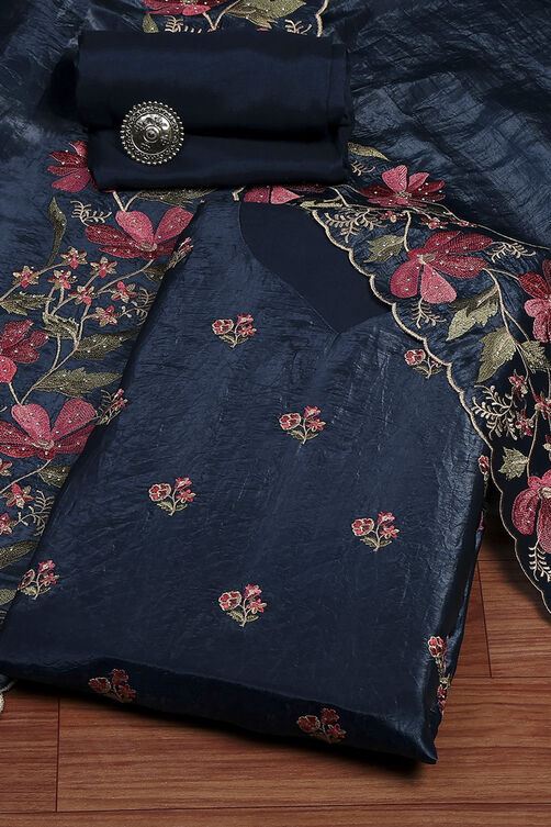 Navy Blue Tissue Machine Embroidered Unstitched Suit Set image number 0
