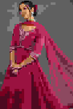 Rohit Bal Pink Silk Chanderi Floral Anarkali Suit Set image number 6