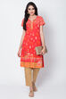 Red Metallic Cotton Straight Printed Kurta image number 0