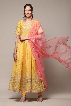 Yellow Cotton Blend Anarkali Kurta Churidar Suit Set image number 0