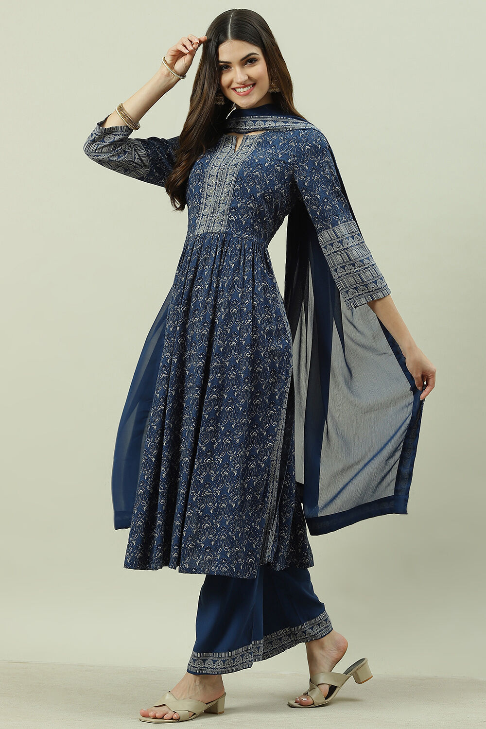 Blue Rayon A-Line Kurta Palazzo Suit Set image number 5