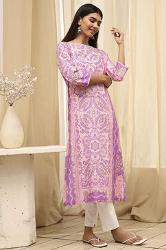 Purple Cotton Printed Straight Kurta image number 0