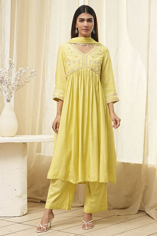 Lime Modal Blend Embroidered Gathered Suit Set image number 6