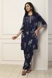 Navy Blue Viscose Rayon Floral Printed Straight Suit Set image number 0