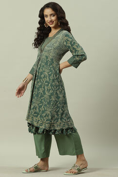 Green Rayon Flared Printed Kurta image number 2