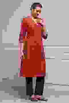 Red Cotton Straight Printed Kurta image number 4