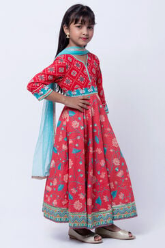 Red And Turquoise Cotton Anarkali Kurta Churidar Suit Set image number 3