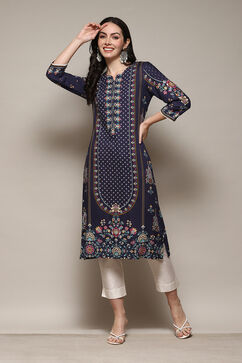 Navy LIVA Straight Printed Kurta image number 0