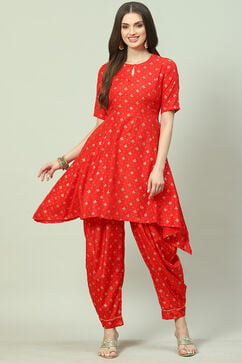 Red Printed A-Line Kurta Salwar Suit Set image number 5