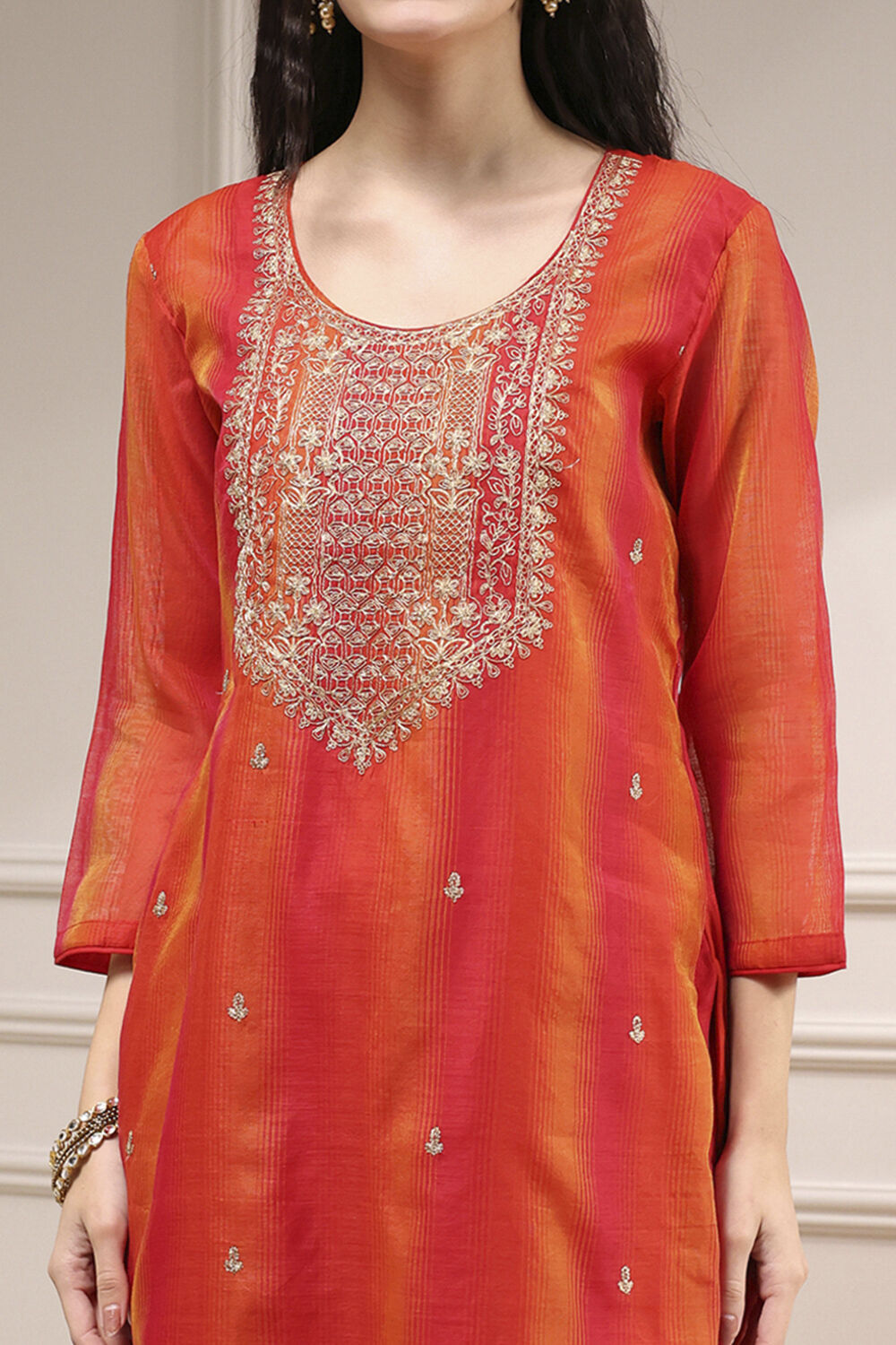 Red Chanderi Machine Embroidered Unstitched Suit Set image number 2