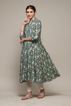 Bottle Green LIVA A-Line Printed Dress image number 3