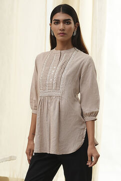 Beige Cotton Yarn-Dyed Short Straight Kurta image number 2