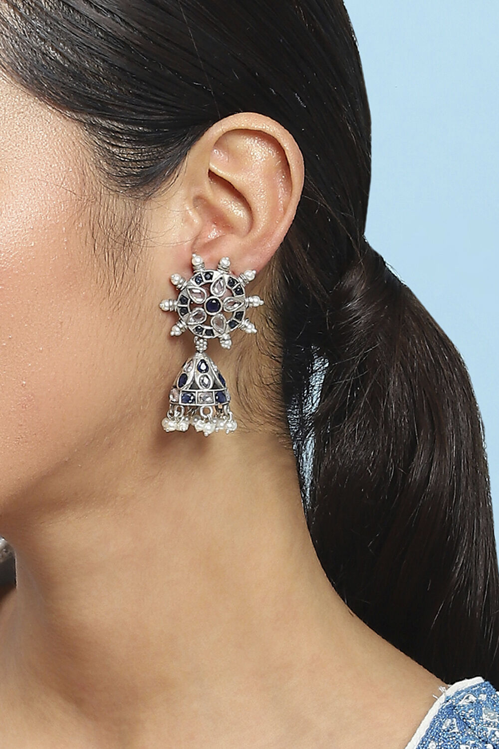 Blue White Brass Jhumka image number 1