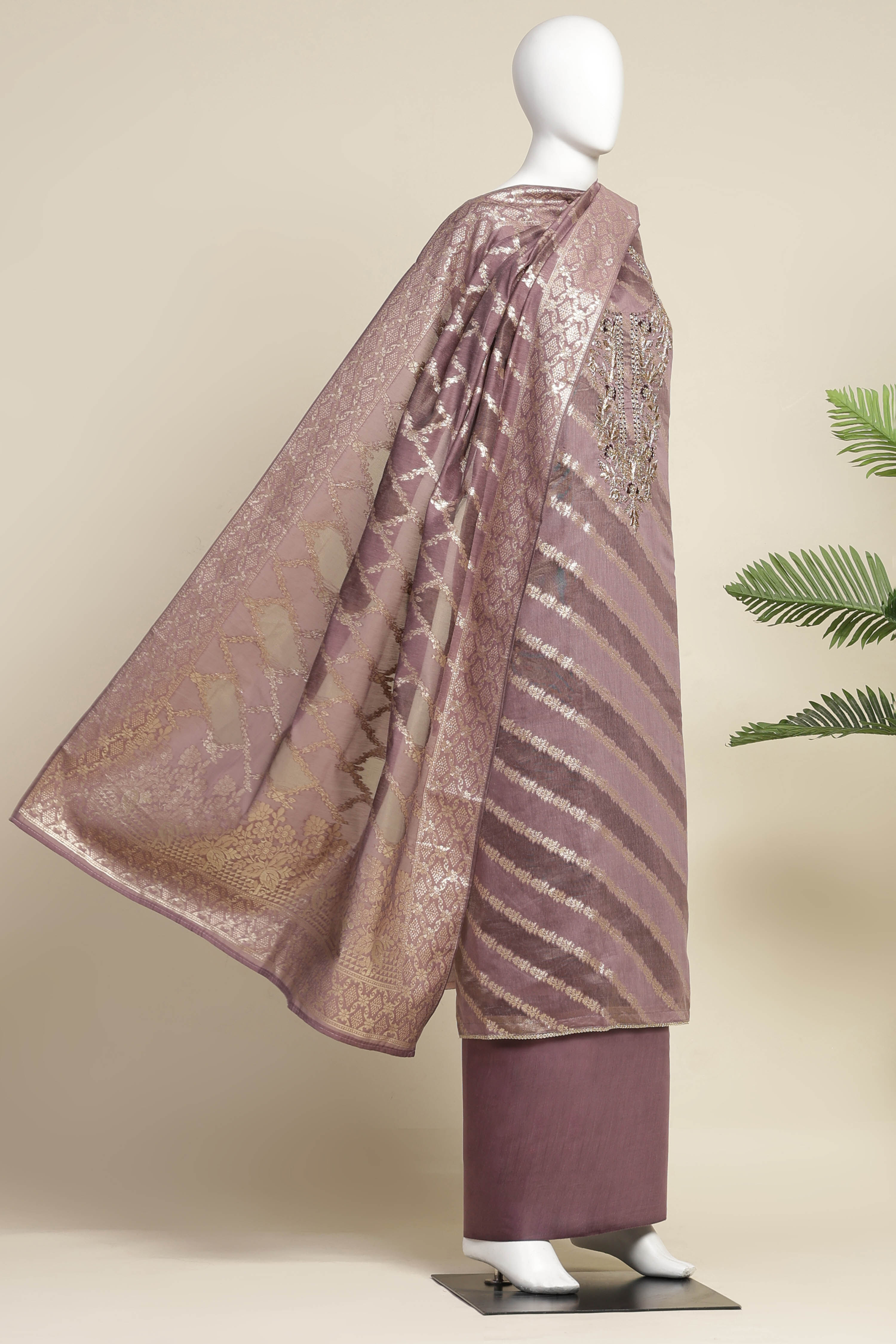 Botle Green Tissue Chanderi Embroidered Unstitched Suit Set image number 4