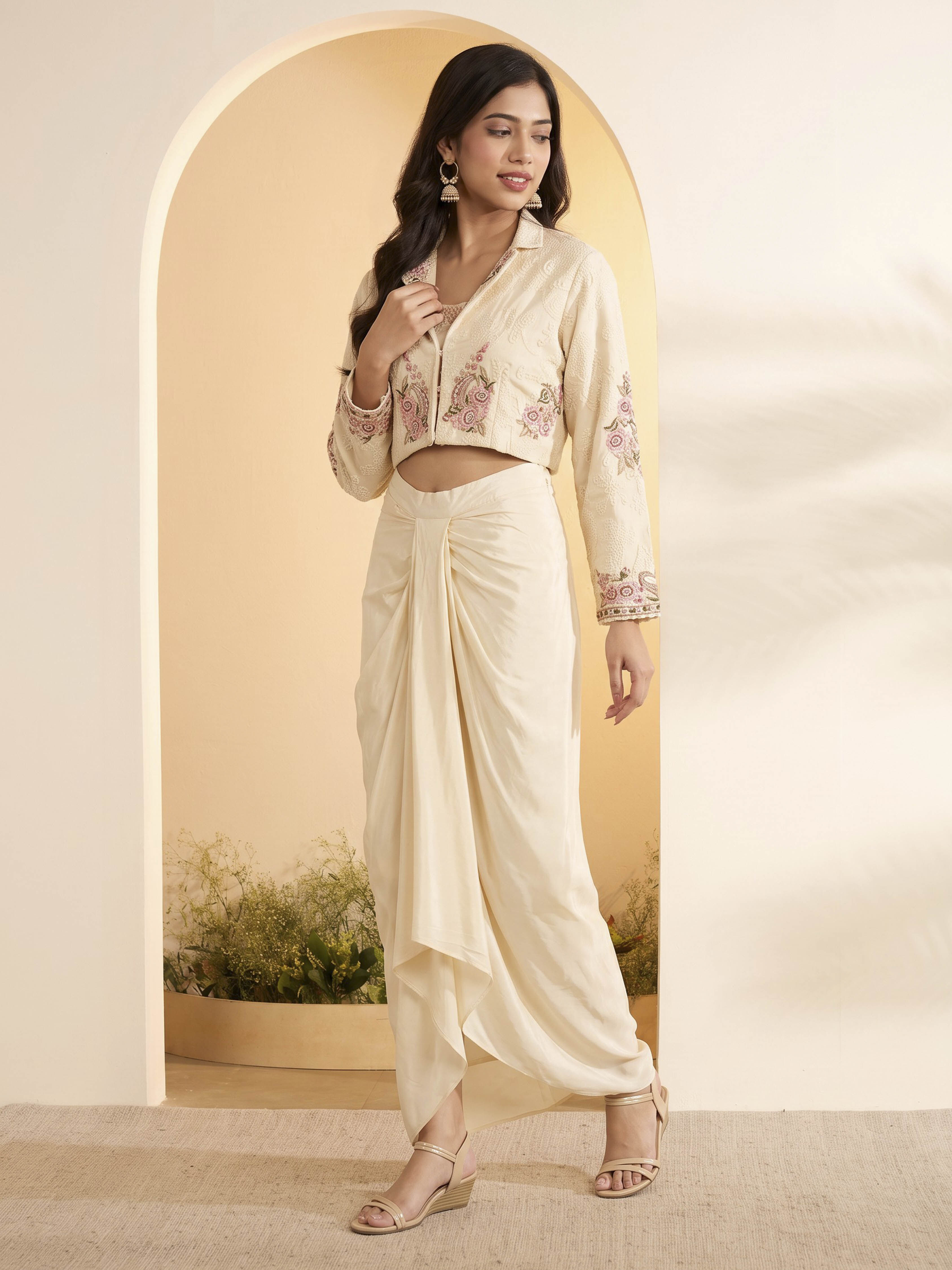 Ivory Viscose Rayon Embroidered Layered Fusion Set image number 2