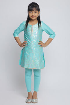 Turquoise Cotton Straight Kurta Legging Suit Set image number 2