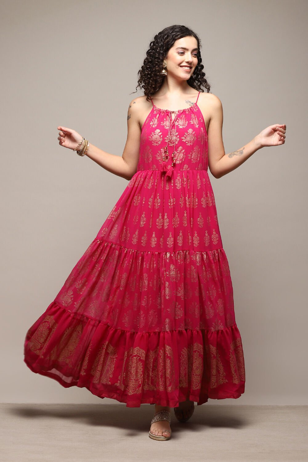 Fuchsia Polyester Tiered Dress