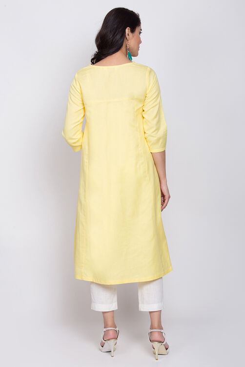 Lime Yellow Cotton Linen A-Line Yarndyed Kurta image number 4