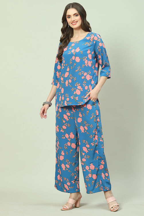Blue Printed Straight Kurta Palazzo Suit Set image number 0