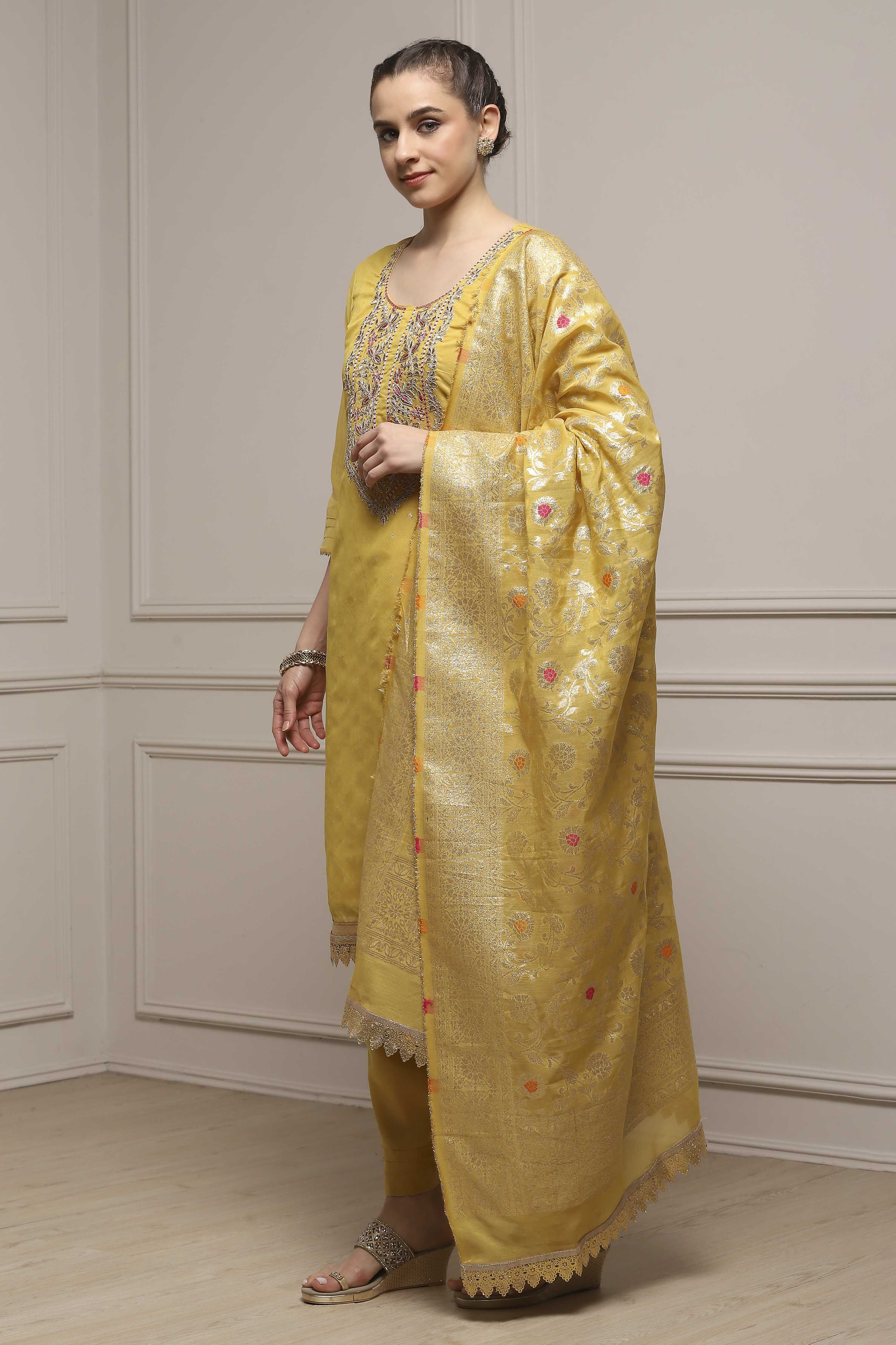 Yellow Tissue Blend Machine Embroidered Unstitched Suit Set image number 4