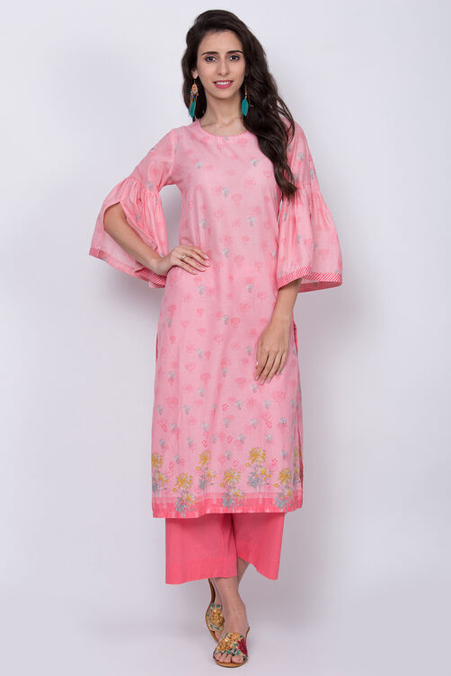 Peach Cotton Straight Printed Kurta image number 4