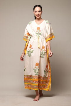 Off White & Must Cotton Printed Kaftan image number 5