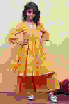 Orange Cotton Printed Tiered Kurta Set image number 6