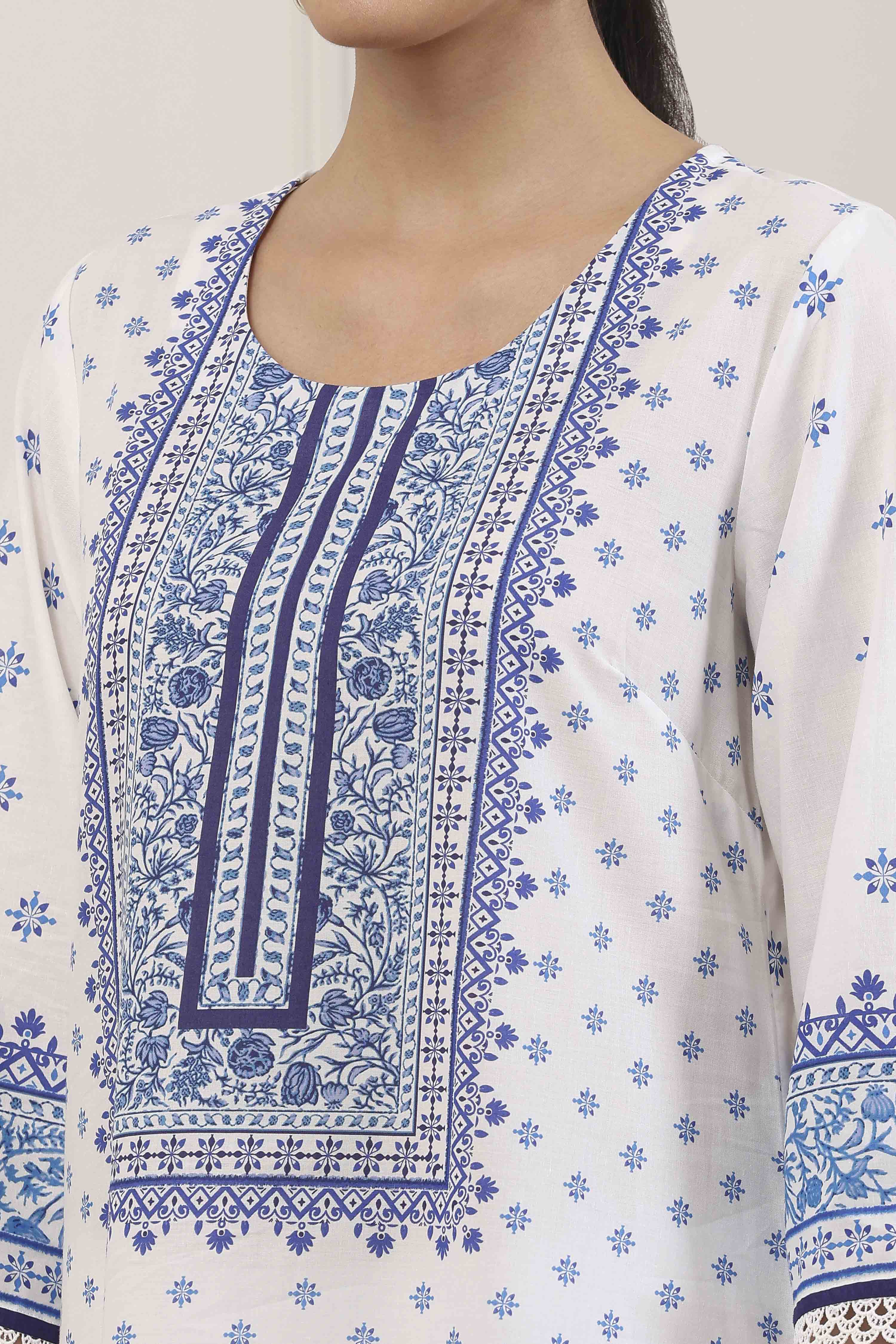 Blue Cotton Ethnic Motifs Printed Straight Kurta image number 1