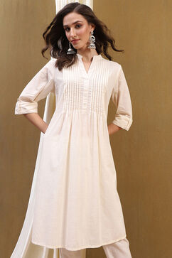 Ecru Cotton Solid Pleated A-Line Kurta image number 7