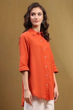 Orange Cotton Blend Solid Straight Shirt Style Kurti image number 4