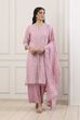 Pink Chanderi Lace Trim Floral Straight Suit Set image number 7