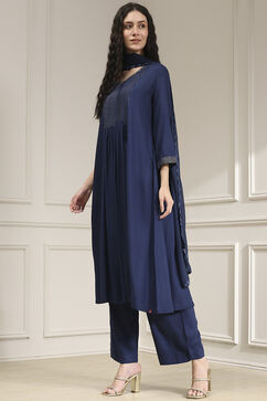 Blue Solid Gathered Suit Set image number 3
