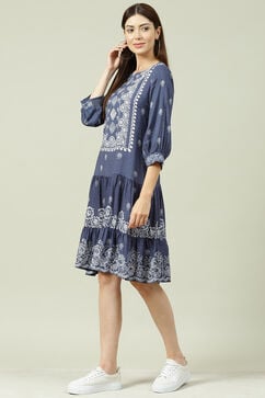 Blue Cotton Flared Fusion Dress image number 2