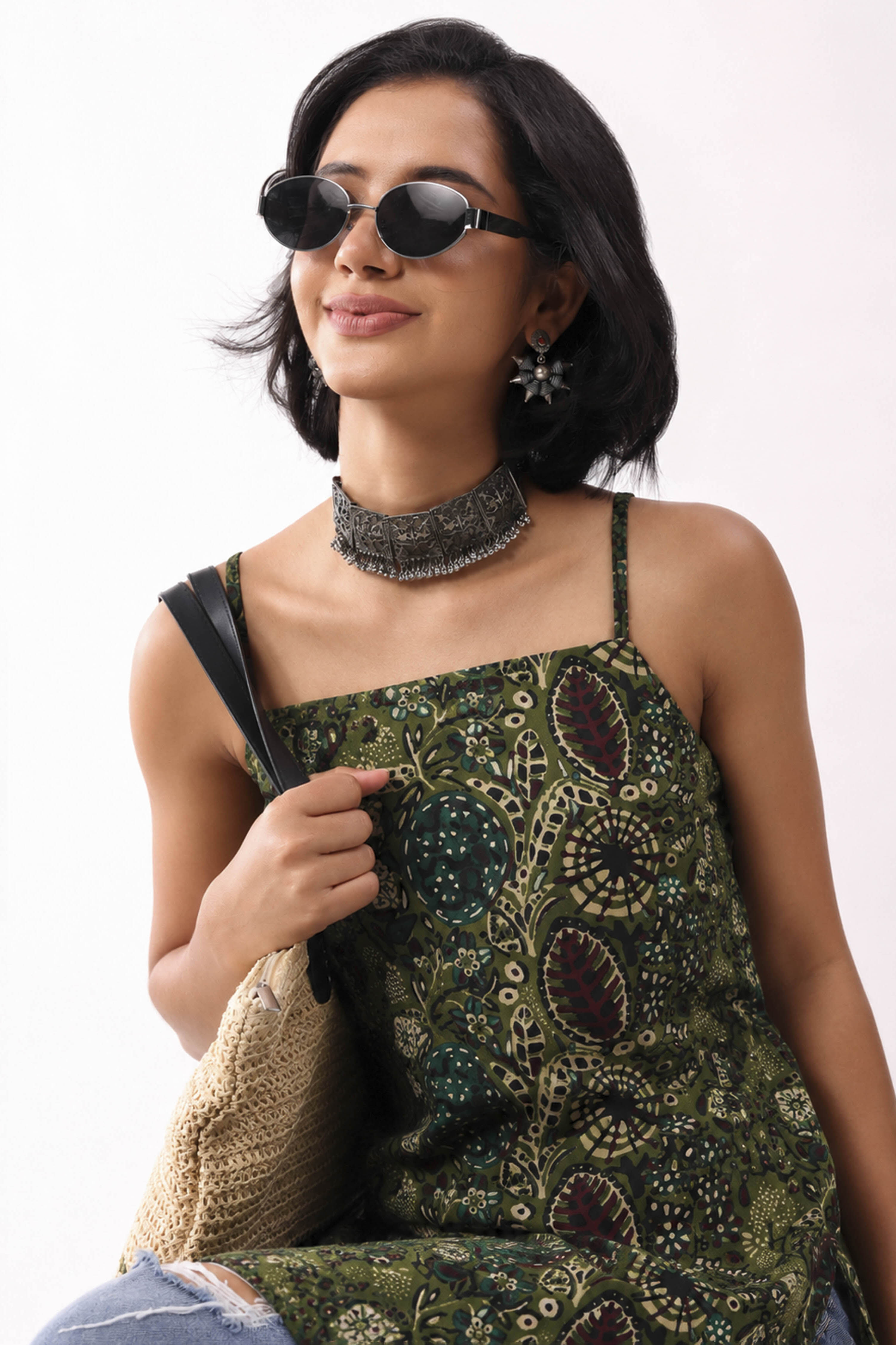 Green Cotton Geometric Printed Lace-Up Kurti image number 2