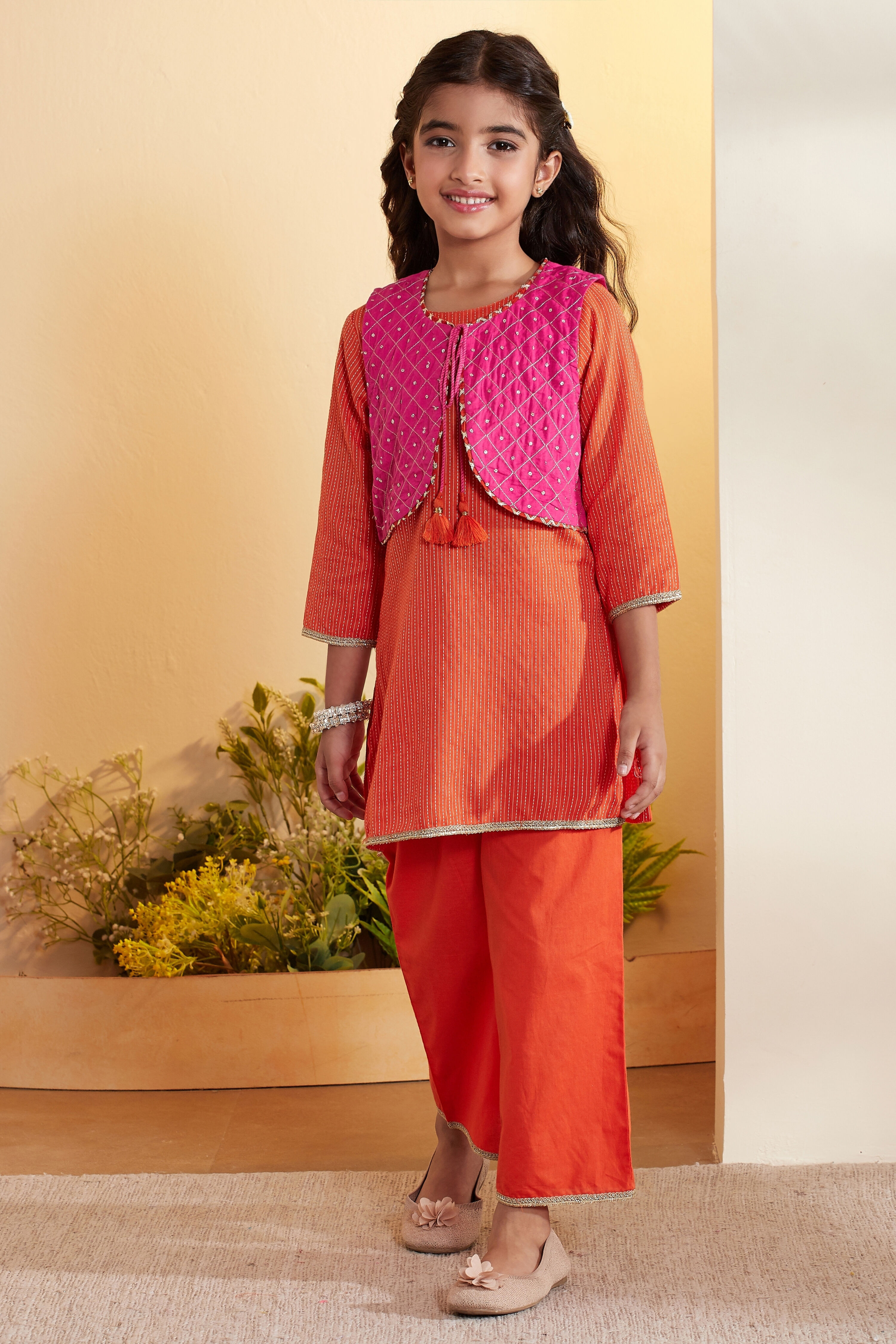 Orange Cotton Straight Kurta Set with Jacket image number 0