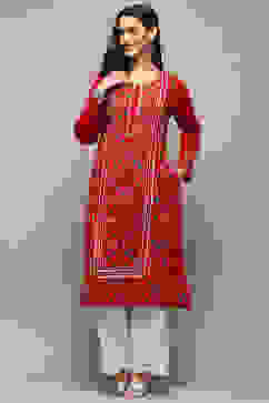 Pink Poly Cotton Straight Yarndyed Kurta image number 5