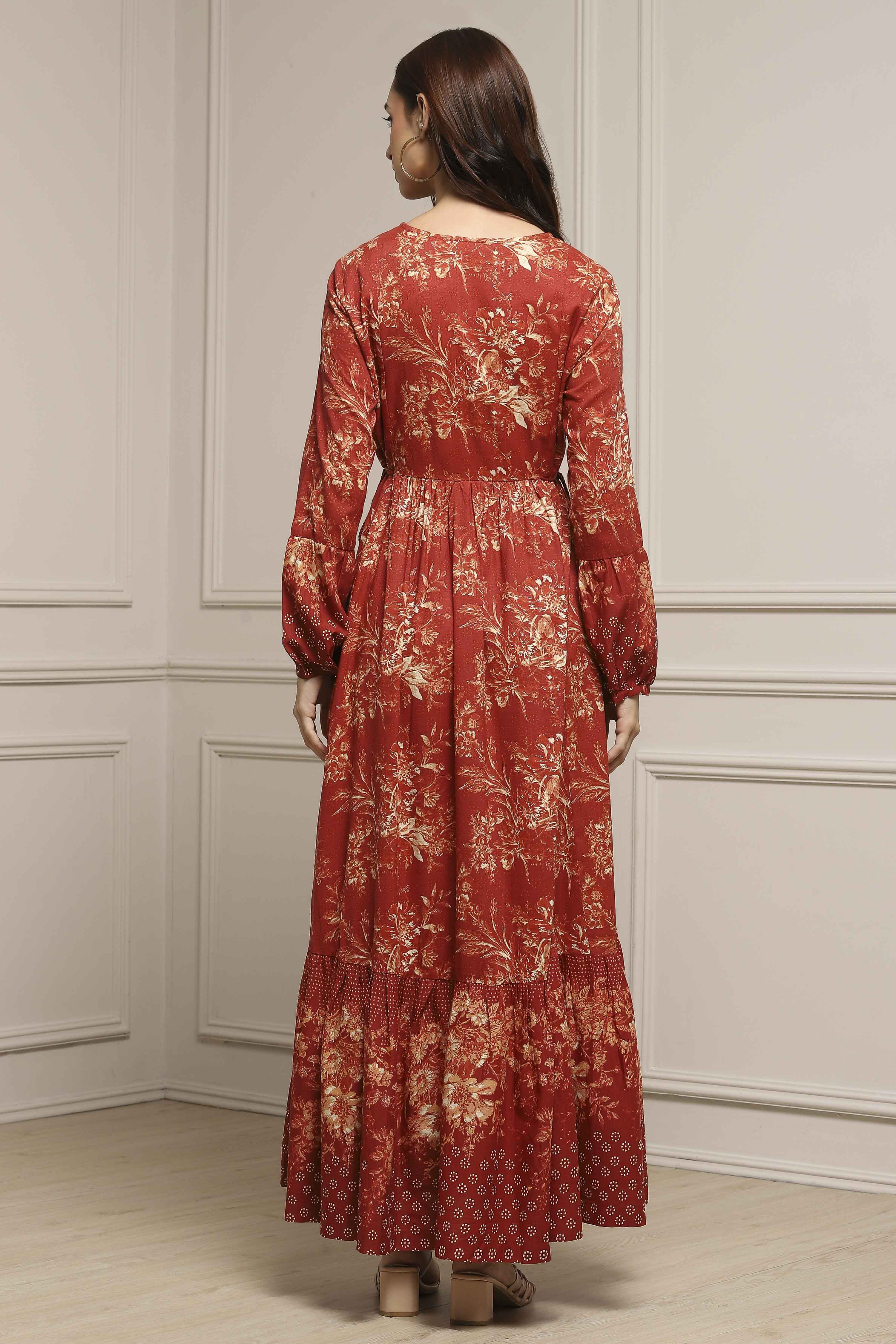 Rust Floral Printed Tiered Flared Dress image number 3