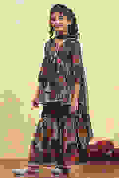 Black Polyester Printed Peplum Sharara Suit Set image number 3