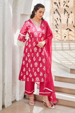 Fuschia Polyester Straight Suit Set image number 6