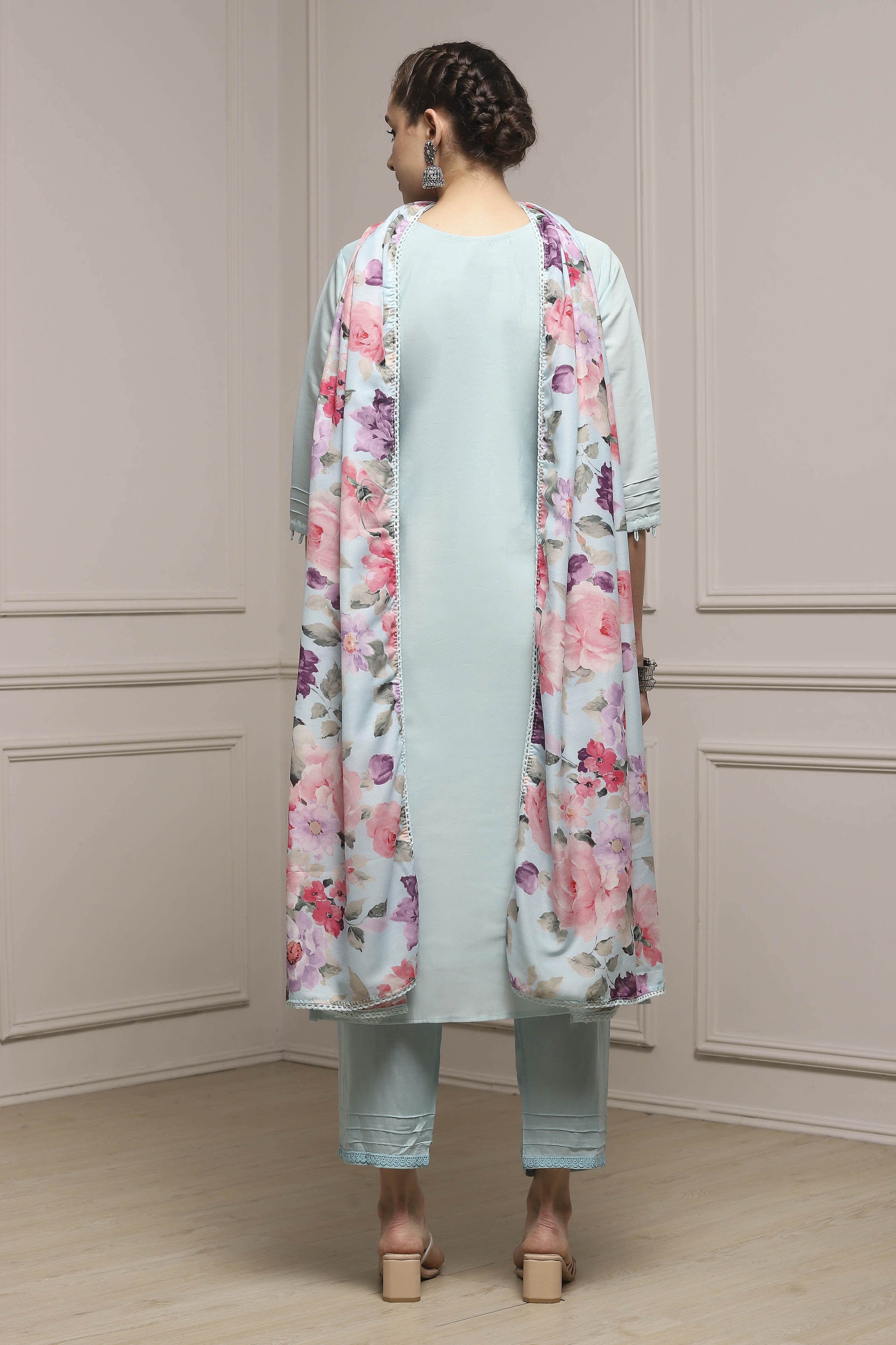 Blue Modal Digital Print Unstitched Suit Set image number 5