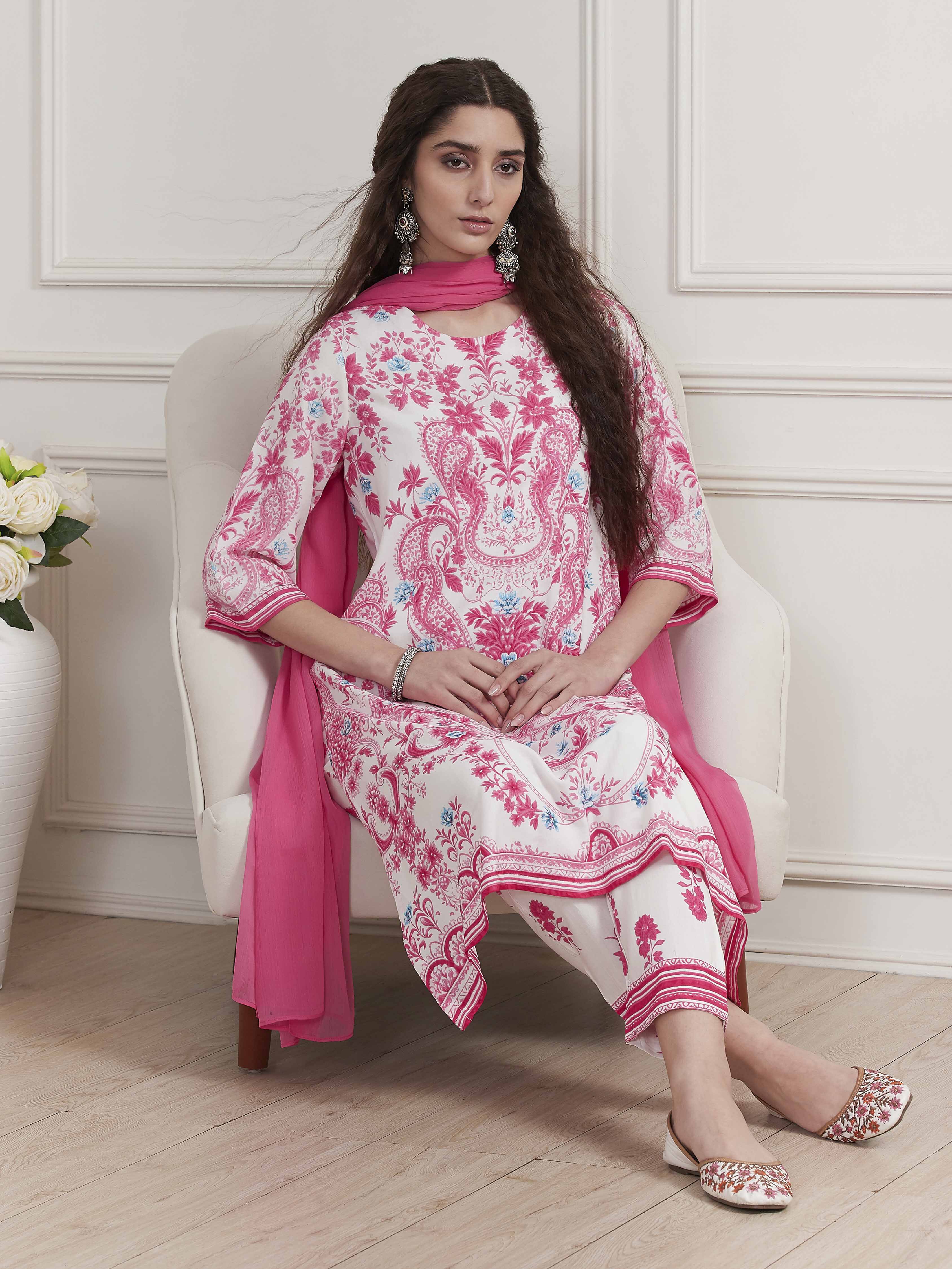 Pink and White Printed Straight Suit Set image number 0