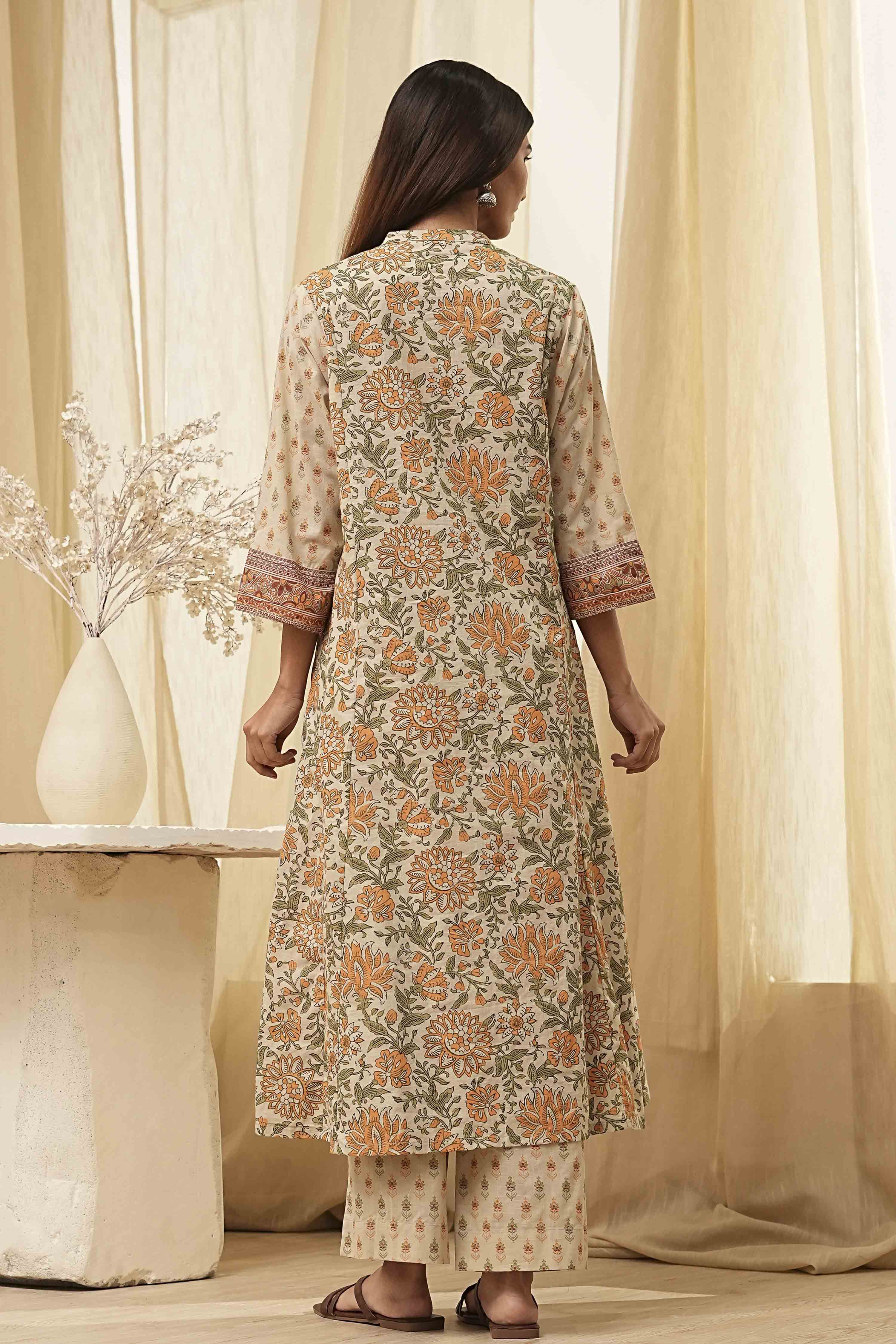 Beige Pure Cotton Floral Kalidar Kurta Set image number 4