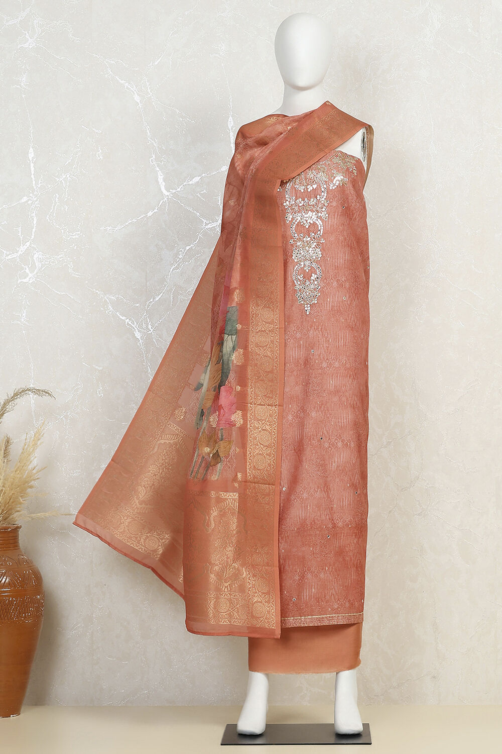 Coral Chanderi Printed Unstitched Suit Set image number 4