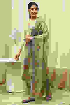 Green Linen Hand Painted Unstitched Suit Set image number 4