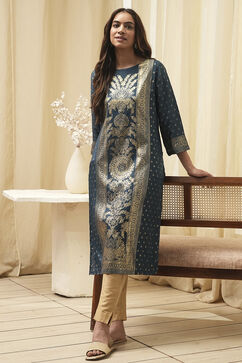 Indigo Rayon A-Line Printed Kurta image number 0