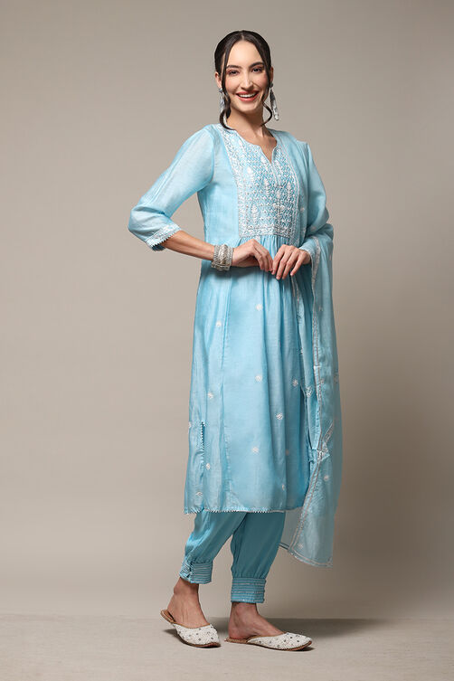 Sky Blue Cotton Blend Layered Kurta Salwar Suit Set image number 7