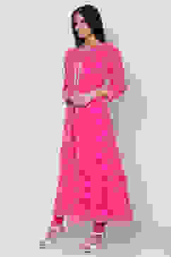 Pink Art Silk Front Open Kurta Churidar Suit Set image number 4